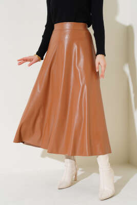 Beli Lastikli Kloş Deri Etek Latte - Thumbnail