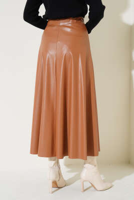 Beli Lastikli Kloş Deri Etek Latte - Thumbnail