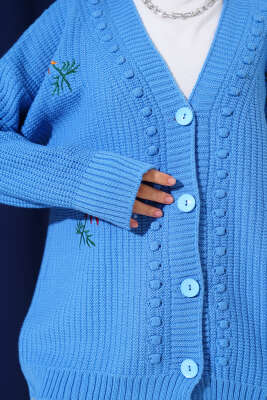 Nakış İşlemeli Düğmeli Triko Hırka Mavi - Thumbnail