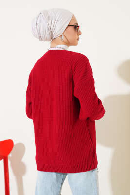 Nakış İşlemeli Düğmeli Triko Hırka Bordo - Thumbnail