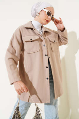 Pazarium - Çift Cepli Kaşe Gömlek Bej