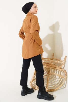 Fermuarlı Kapüşonlu Bel Lastikli Trençkot Taba - Thumbnail