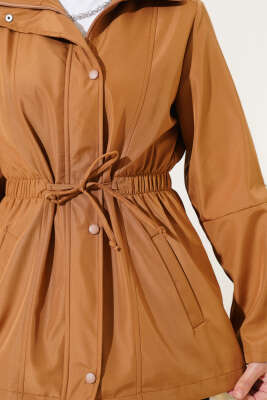 Fermuarlı Kapüşonlu Bel Lastikli Trençkot Taba - Thumbnail