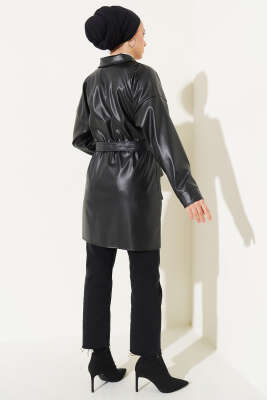 Kuşaklı Deri Gömlek Siyah - Thumbnail