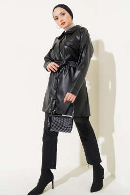 Kuşaklı Deri Gömlek Siyah - Thumbnail
