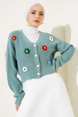 Çiçekli Kısa Triko Hırka Çağla Yeşili - Thumbnail