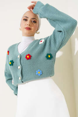 Çiçekli Kısa Triko Hırka Çağla Yeşili - Thumbnail