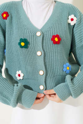 Çiçekli Kısa Triko Hırka Çağla Yeşili - Thumbnail