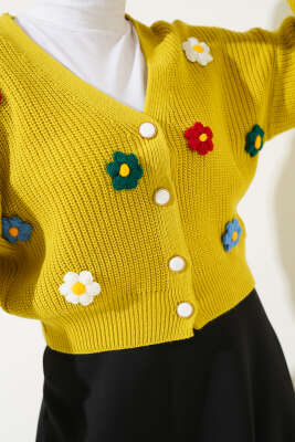 Çiçekli Kısa Triko Hırka Yağ Yeşili - Thumbnail