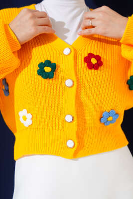 Çiçekli Kısa Triko Hırka Hardal - Thumbnail