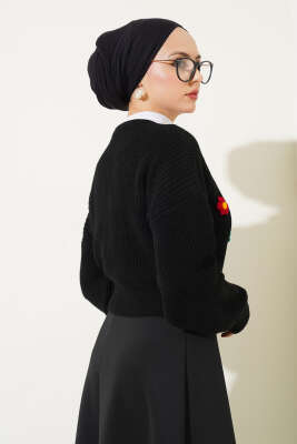 Çiçekli Kısa Triko Hırka Siyah - Thumbnail