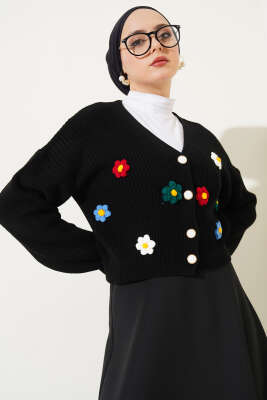 Çiçekli Kısa Triko Hırka Siyah - Thumbnail