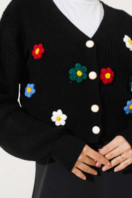 Çiçekli Kısa Triko Hırka Siyah - Thumbnail