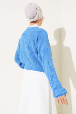 Çiçekli Kısa Triko Hırka Mavi - Thumbnail