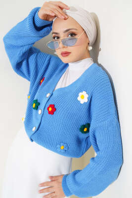 Çiçekli Kısa Triko Hırka Mavi - Thumbnail