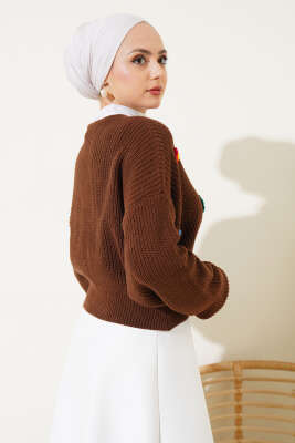 Çiçekli Kısa Triko Hırka Kahve - Thumbnail