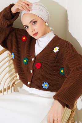 Çiçekli Kısa Triko Hırka Kahve - Thumbnail