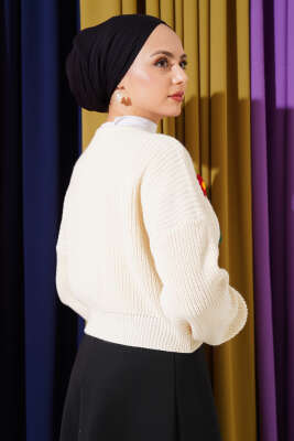 Çiçekli Kısa Triko Hırka Bej - Thumbnail