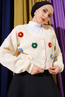 Çiçekli Kısa Triko Hırka Bej - Thumbnail