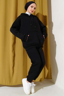 Pazarium - Kanguru Cepli Kapüşonlu Üç İplik İkili Takım Siyah
