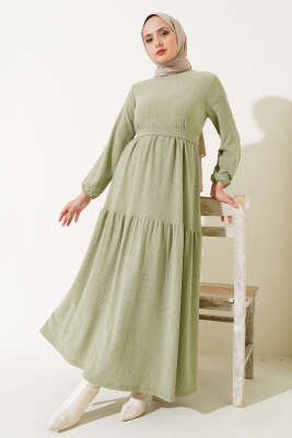 Pazarium - Kuşaklı Ağaç Kabuğu Elbise Mint