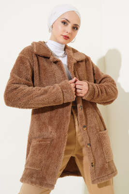 Pazarium - Düğmeli Peluş Hırka Kahve