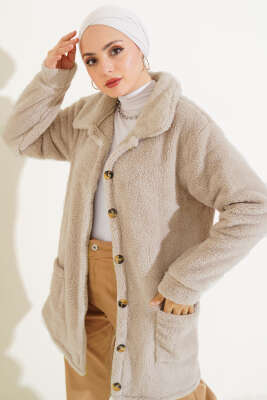 Pazarium - Düğmeli Peluş Hırka Bej