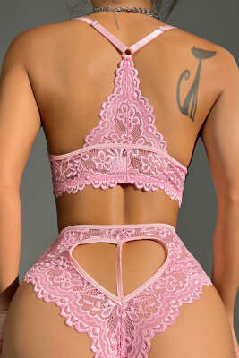 Dantelli Bel Kalp Detaylı Fantezi Gecelik Pembe - Thumbnail