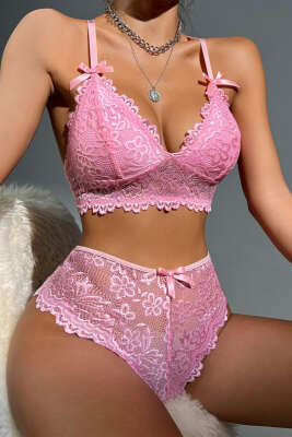 Dantelli Bel Kalp Detaylı Fantezi Gecelik Pembe - Thumbnail