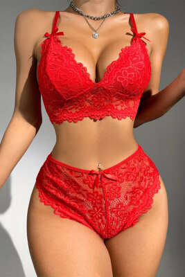 Dantelli Bel Kalp Detaylı Fantezi Gecelik Kırmızı - Thumbnail