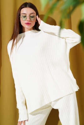 Kol Düğme Detaylı Triko İkili Takım Ekru - Thumbnail