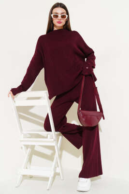 Kol Düğme Detaylı Triko İkili Takım Bordo - Thumbnail