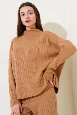 Kol Düğme Detaylı Triko İkili Takım Bisküvi - Thumbnail