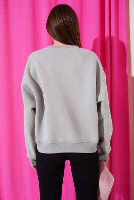 Kuş Gözlü Üç İplik Sweatshirt Gri - Thumbnail