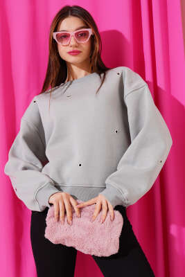 Kuş Gözlü Üç İplik Sweatshirt Gri - Thumbnail