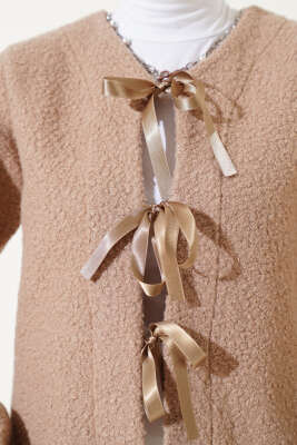 	 Kurdele Bağcıklı Buklet Ceket Vizon - Thumbnail