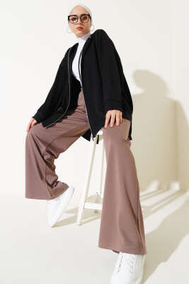 Pazarium - Loyşa Kapüşonlu Fermuarlı Hırka Siyah