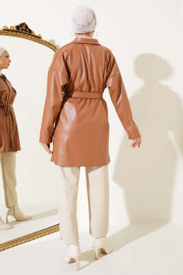 Kuşaklı Deri Gömlek Taba - Thumbnail