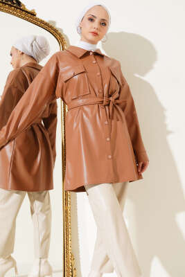 Kuşaklı Deri Gömlek Taba - Thumbnail