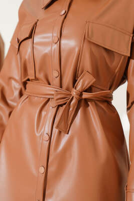 Kuşaklı Deri Gömlek Taba - Thumbnail