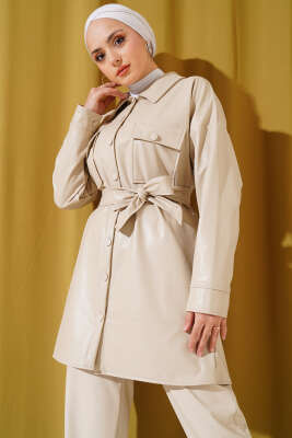 Kuşaklı Deri Gömlek Bej - Thumbnail