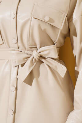 Kuşaklı Deri Gömlek Bej - Thumbnail