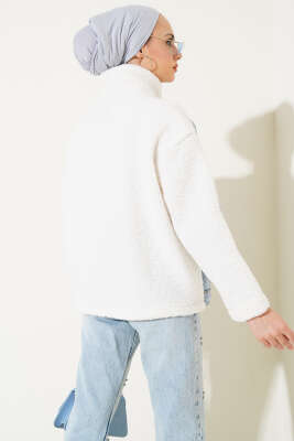 Kot Garnili Fermuarlı Peluş Ceket Mavi - Thumbnail