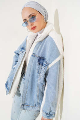 Pazarium - Kot Garnili Fermuarlı Peluş Ceket Mavi