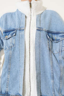 Kot Garnili Fermuarlı Peluş Ceket Mavi - Thumbnail