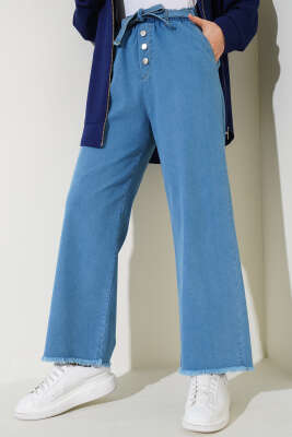 Pazarium - Paça Püsküllü Kendinden Kuşaklı Kot Pantolon Kot Mavisi