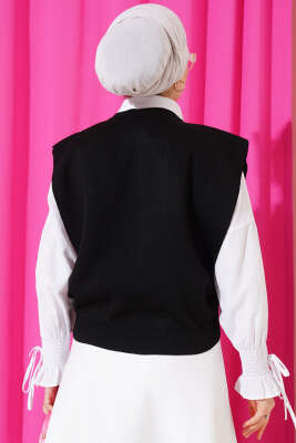 Önü İncili Triko Kısa Süveter Siyah - Thumbnail