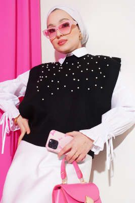 Önü İncili Triko Kısa Süveter Siyah - Thumbnail