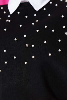 Önü İncili Triko Kısa Süveter Siyah - Thumbnail