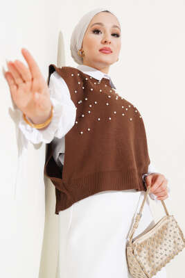 Önü İncili Triko Kısa Süveter Kahve - Thumbnail
